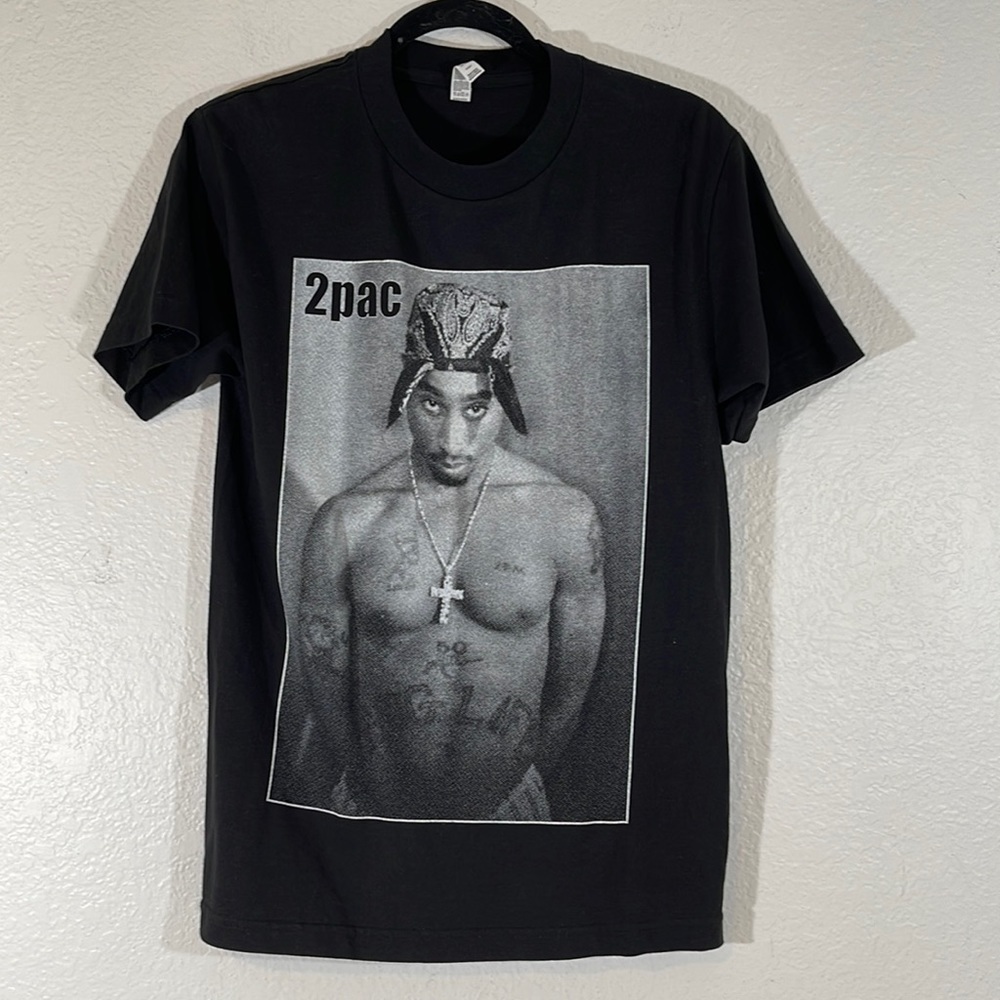 TUPAC SHAKUR Rapper Hip Hop Portrait Graphic Tee T-Shirt Size Small Black & Grey - Picture 2 of 7